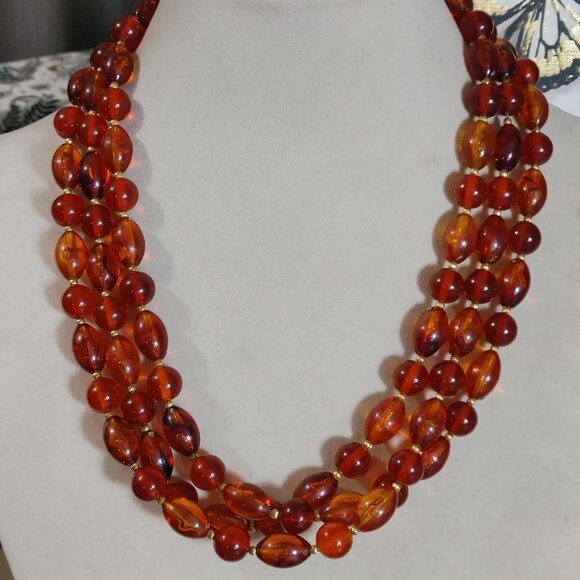 Hobe Necklace Vintage Brown Red Ambar Lucite Bead Gold Tone Accents 54 Inches - Picture 12 of 16